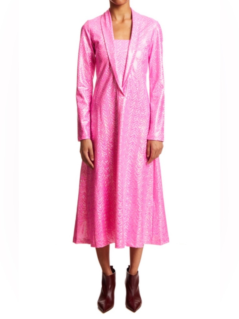 SAKS POTTS YASMIN Pink SHIMMER LONG SLEEVED MIDI DRESS New Tags Small Barbiecore
